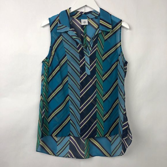 CAbi Tops - CAbi Blue Multi Diagonal Stripe Collared Sleeveless Blouse Size Medium
